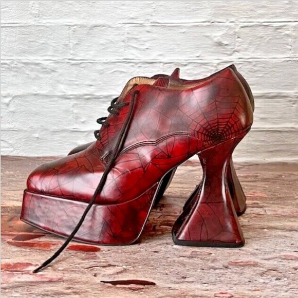 Vintage OG 90’s London Underground Spiderweb Print Leather Coffin Heel Platforms - Picture 3 of 8